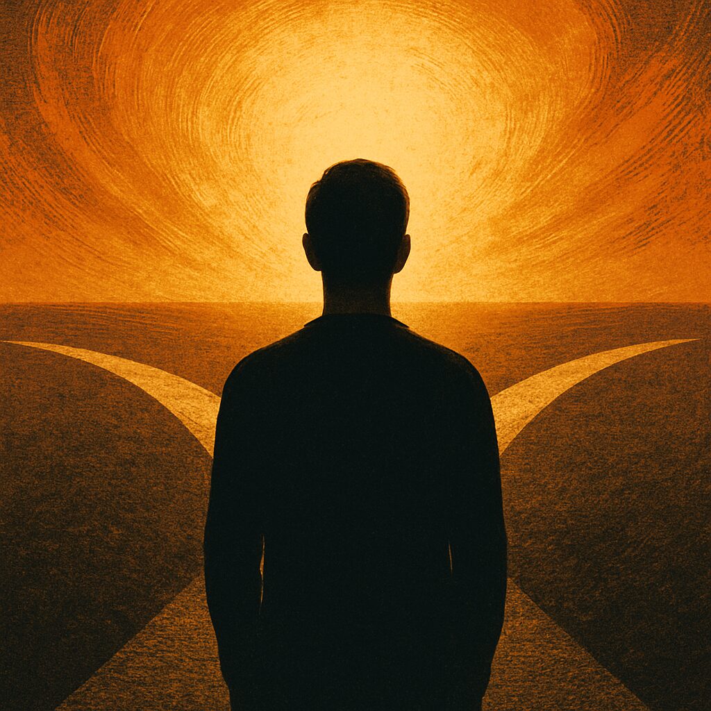 Illustration of a person standing before a fork in the road beneath a glowing horizon