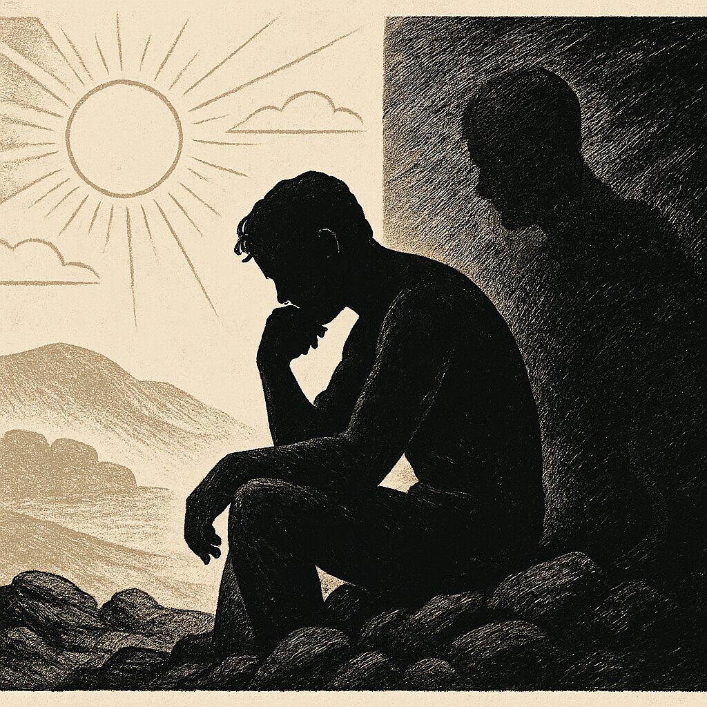 Charcoal illustration of a man deep in thought, seated between sunlight and shadow